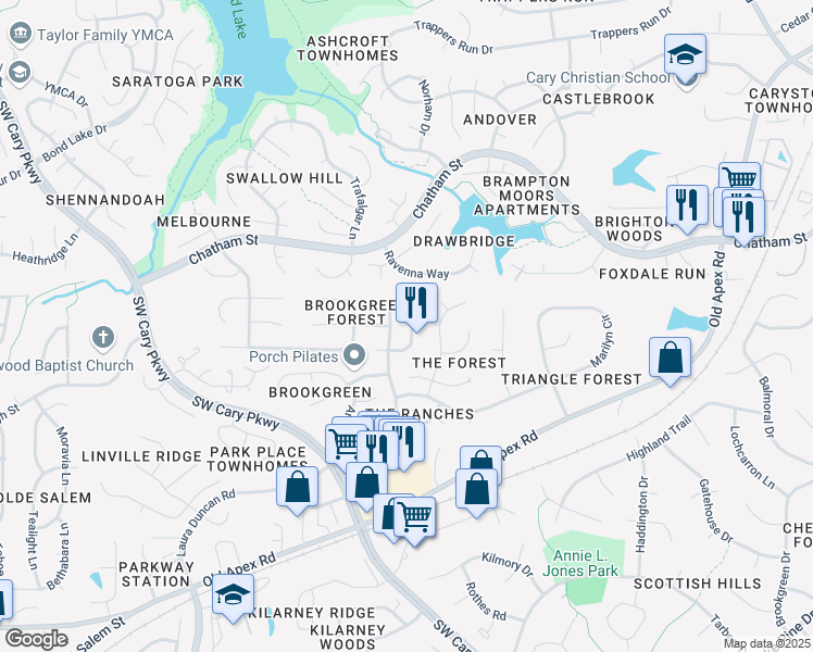 map of restaurants, bars, coffee shops, grocery stores, and more near 209 Amberglow Place in Cary