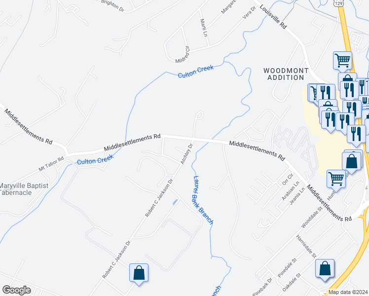 map of restaurants, bars, coffee shops, grocery stores, and more near 1917 Atchley Drive in Maryville