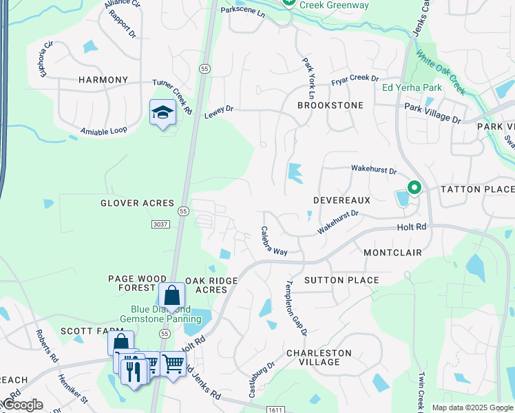 map of restaurants, bars, coffee shops, grocery stores, and more near 6701 Valley Woods Lane in Cary