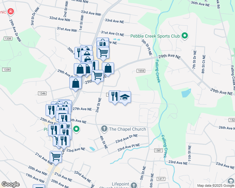 map of restaurants, bars, coffee shops, grocery stores, and more near 280 28th Avenue Northeast in Hickory
