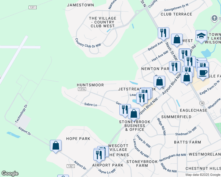 map of restaurants, bars, coffee shops, grocery stores, and more near 4107 Huntsmoor Lane in Wilson