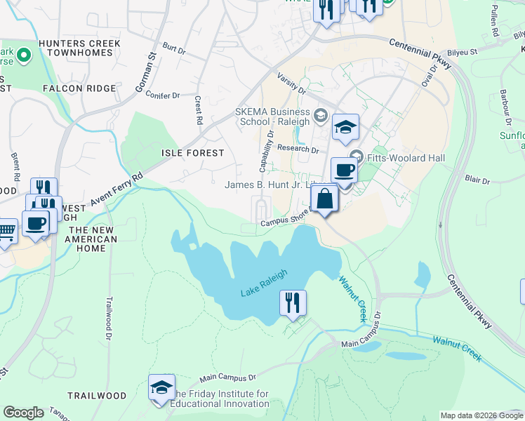 map of restaurants, bars, coffee shops, grocery stores, and more near 1211 Twin Branches Way in Raleigh