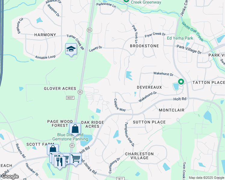 map of restaurants, bars, coffee shops, grocery stores, and more near 6701 Valley Woods Lane in Cary