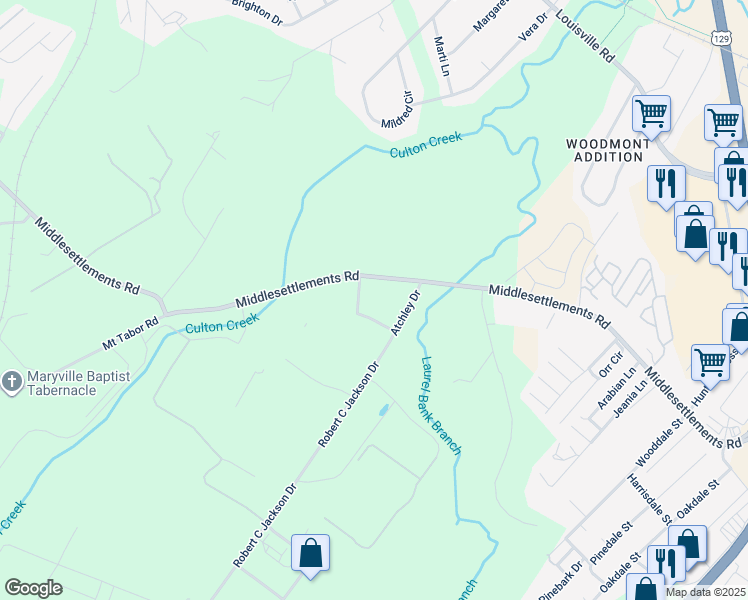 map of restaurants, bars, coffee shops, grocery stores, and more near 1346 Middlesettlements Road in Maryville