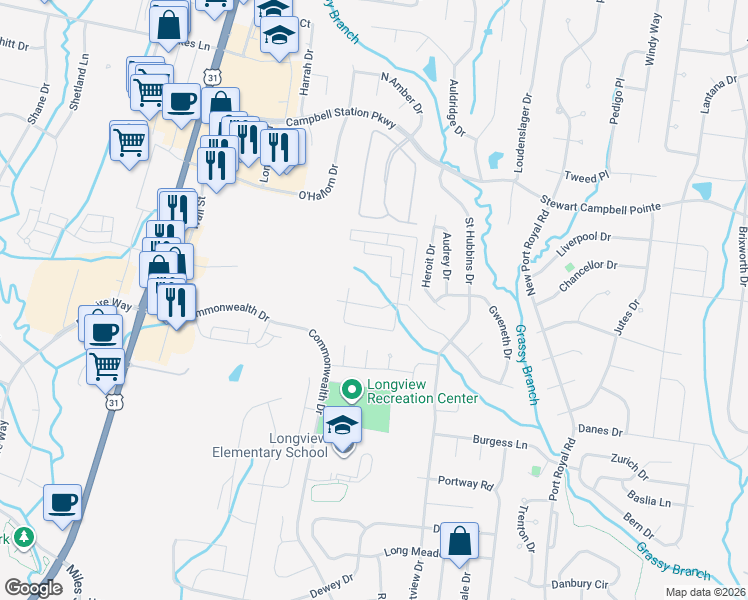 map of restaurants, bars, coffee shops, grocery stores, and more near 4979 Paddy Trace in Spring Hill