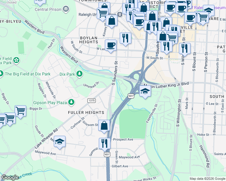 map of restaurants, bars, coffee shops, grocery stores, and more near 929 South Saunders Street in Raleigh