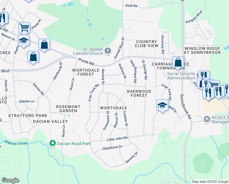 map of restaurants, bars, coffee shops, grocery stores, and more near 721 Carlisle Street in Raleigh