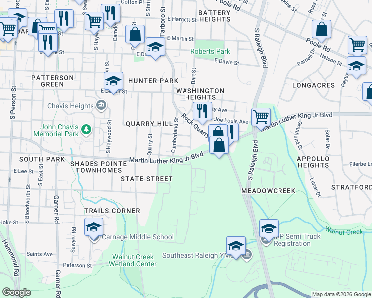 map of restaurants, bars, coffee shops, grocery stores, and more near 1124 Upchurch Street in Raleigh