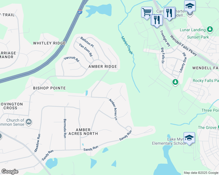 map of restaurants, bars, coffee shops, grocery stores, and more near 5725 Woof Place in Knightdale