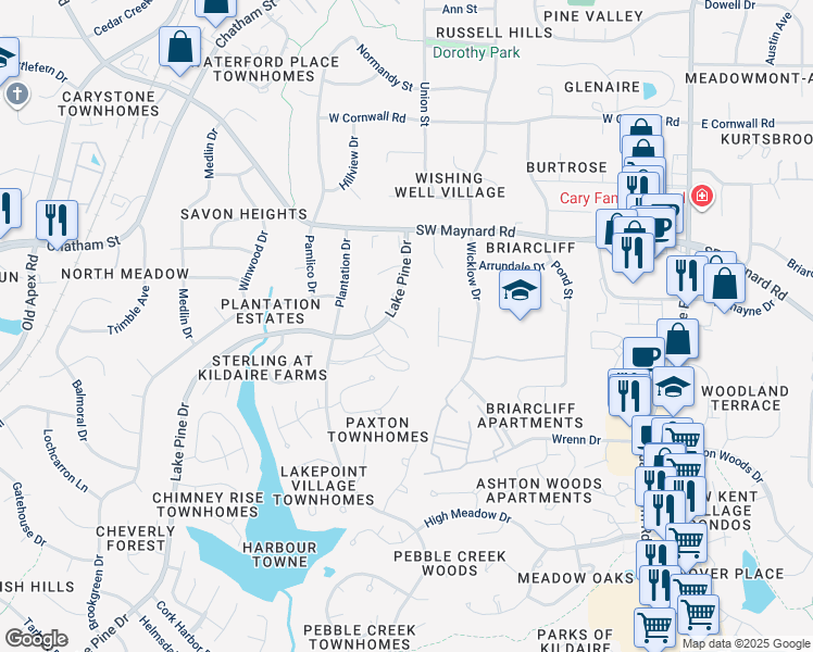 map of restaurants, bars, coffee shops, grocery stores, and more near 101 Arbuckle Lane in Cary