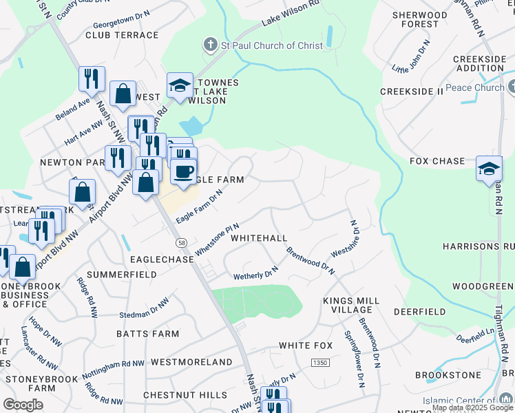 map of restaurants, bars, coffee shops, grocery stores, and more near 3537 Whetstone Place in Wilson