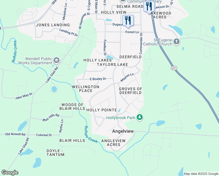 map of restaurants, bars, coffee shops, grocery stores, and more near 1009 Holly Pointe Drive in Wendell