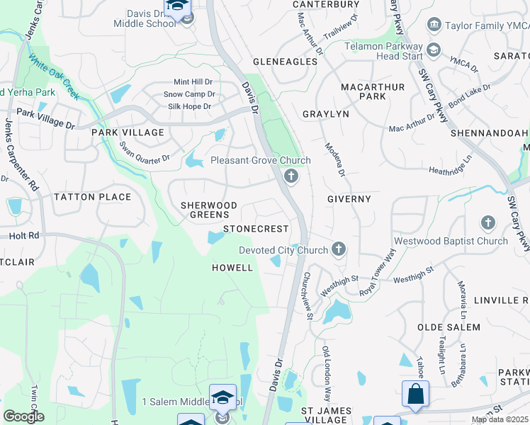 map of restaurants, bars, coffee shops, grocery stores, and more near 108 Roundtop Road in Cary
