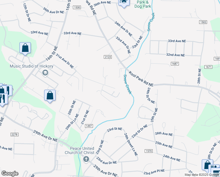 map of restaurants, bars, coffee shops, grocery stores, and more near 2135 31st Avenue Drive Northeast in Hickory