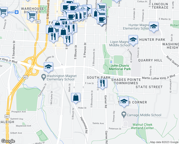 map of restaurants, bars, coffee shops, grocery stores, and more near 821 Ellington Street in Raleigh