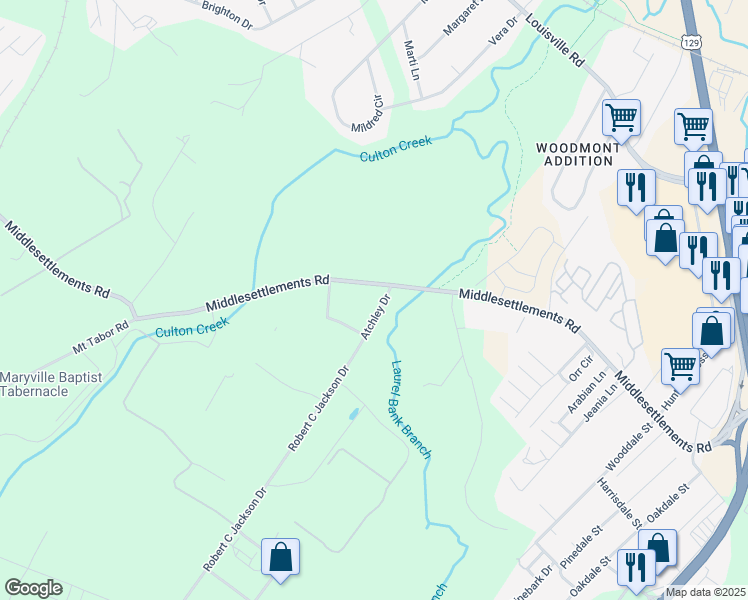 map of restaurants, bars, coffee shops, grocery stores, and more near 1921 Atchley Drive in Maryville