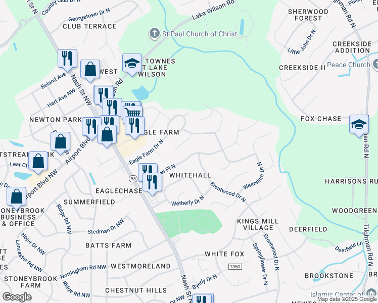 map of restaurants, bars, coffee shops, grocery stores, and more near 3537 Whetstone Place in Wilson