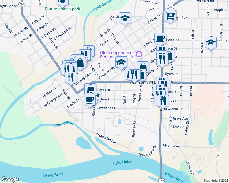 map of restaurants, bars, coffee shops, grocery stores, and more near 592 Bates Street in Batesville