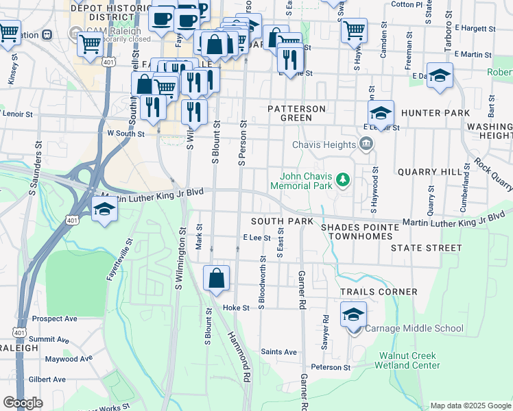 map of restaurants, bars, coffee shops, grocery stores, and more near 821 Ellington Street in Raleigh