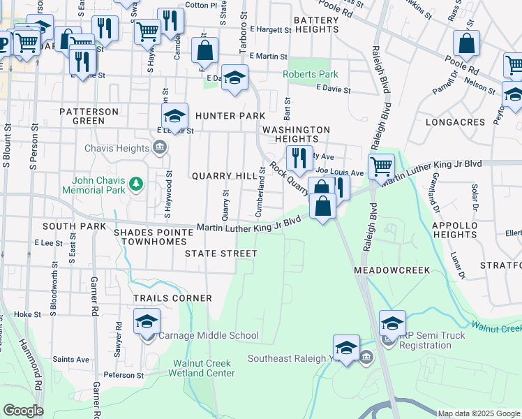 map of restaurants, bars, coffee shops, grocery stores, and more near 1107 Upchurch Street in Raleigh