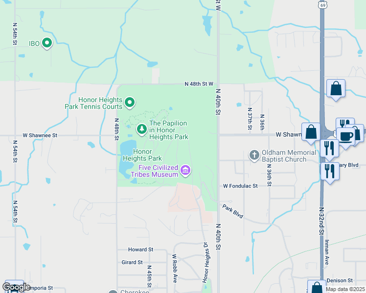 map of restaurants, bars, coffee shops, grocery stores, and more near 1400 Honor Heights Drive in Muskogee