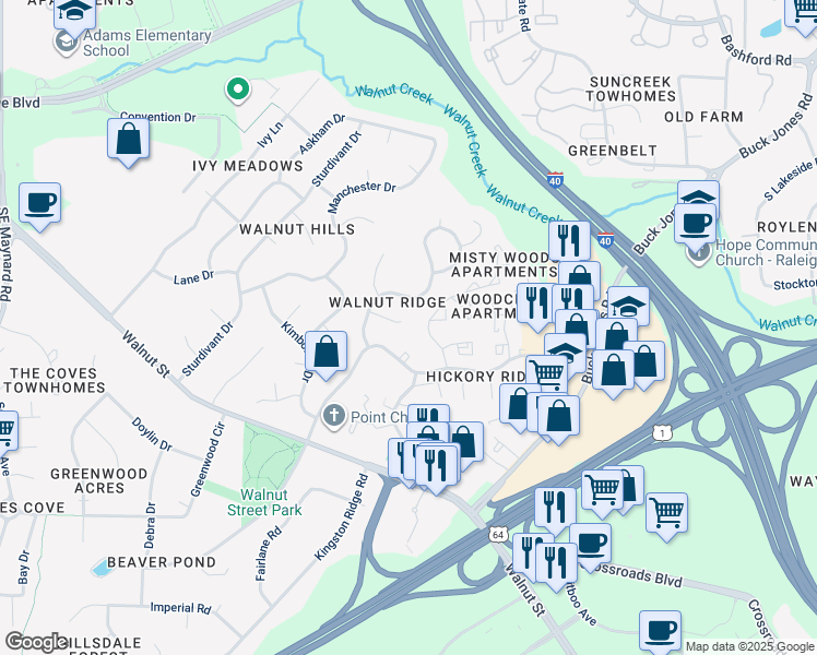 map of restaurants, bars, coffee shops, grocery stores, and more near 108 Stourbridge Circle in Cary