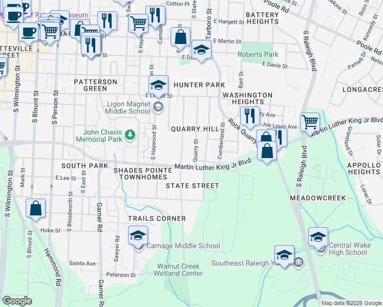 map of restaurants, bars, coffee shops, grocery stores, and more near 734 Quarry Street in Raleigh