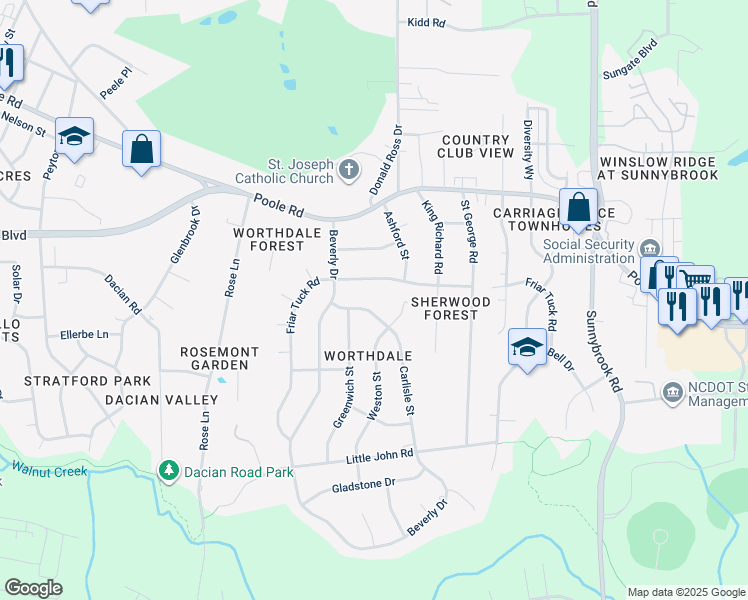 map of restaurants, bars, coffee shops, grocery stores, and more near 721 Carlisle Street in Raleigh