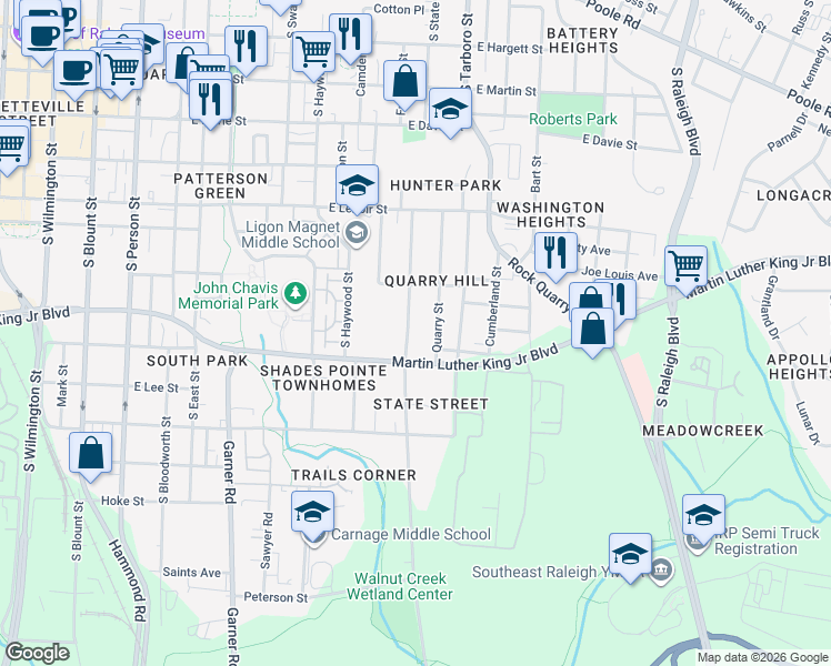 map of restaurants, bars, coffee shops, grocery stores, and more near 734 Quarry Street in Raleigh