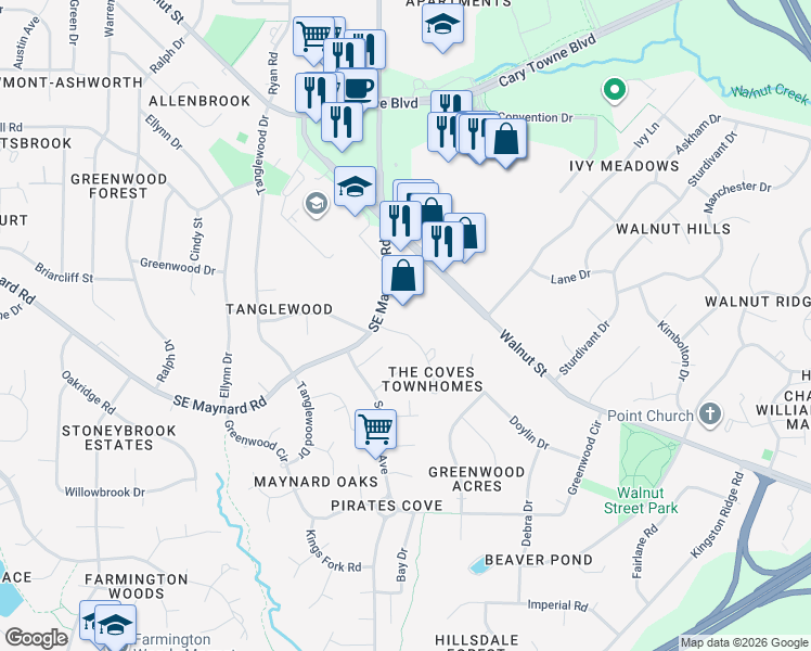 map of restaurants, bars, coffee shops, grocery stores, and more near 720 Southeast Maynard Road in Cary