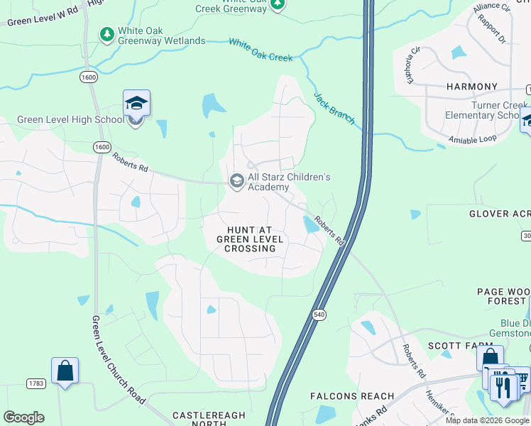 map of restaurants, bars, coffee shops, grocery stores, and more near 2200 Pollard Place in Cary