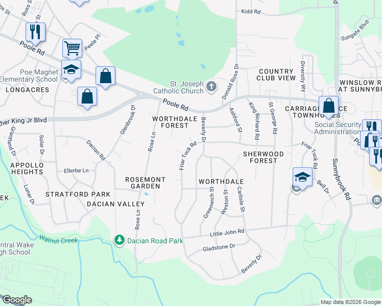 map of restaurants, bars, coffee shops, grocery stores, and more near 709 Friar Tuck Road in Raleigh