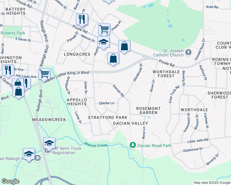 map of restaurants, bars, coffee shops, grocery stores, and more near 324 Dacian Road in Raleigh