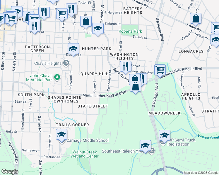 map of restaurants, bars, coffee shops, grocery stores, and more near 1107 Upchurch Street in Raleigh