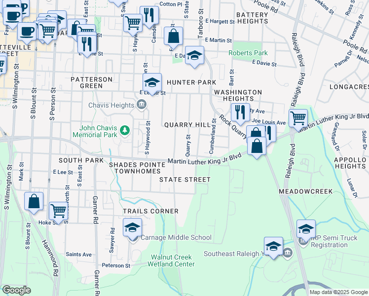 map of restaurants, bars, coffee shops, grocery stores, and more near 734 Quarry Street in Raleigh