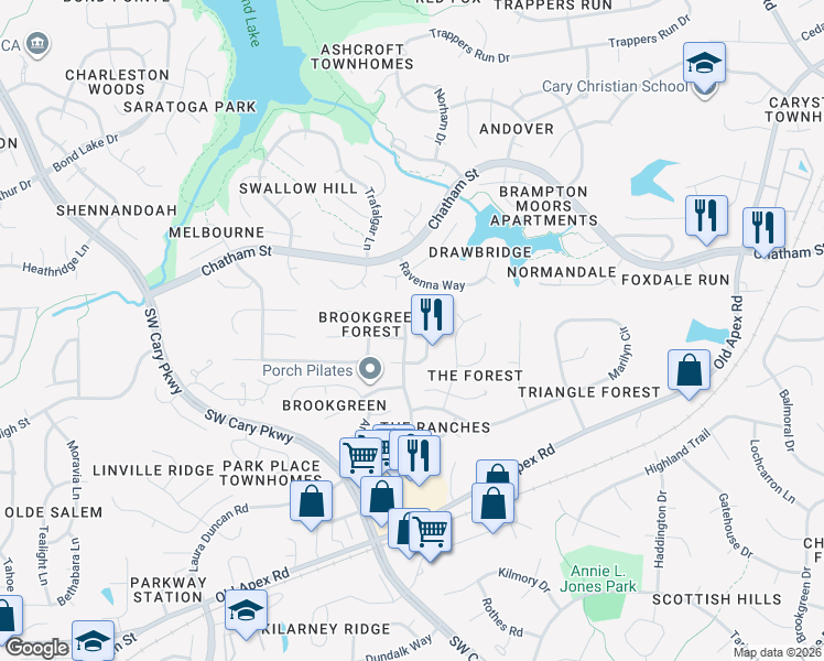 map of restaurants, bars, coffee shops, grocery stores, and more near 2912 Laura Duncan Road in Cary