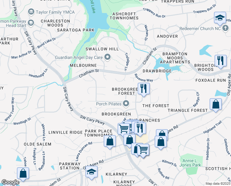 map of restaurants, bars, coffee shops, grocery stores, and more near 111 Laurel Branch Drive in Cary