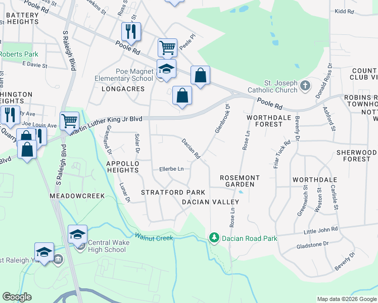 map of restaurants, bars, coffee shops, grocery stores, and more near 336 Dacian Road in Raleigh