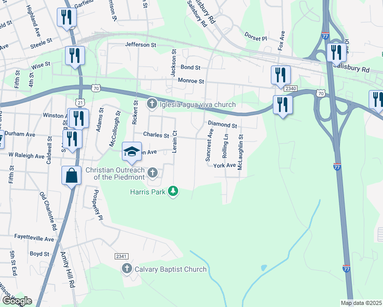 map of restaurants, bars, coffee shops, grocery stores, and more near 1304 Harris Street in Statesville