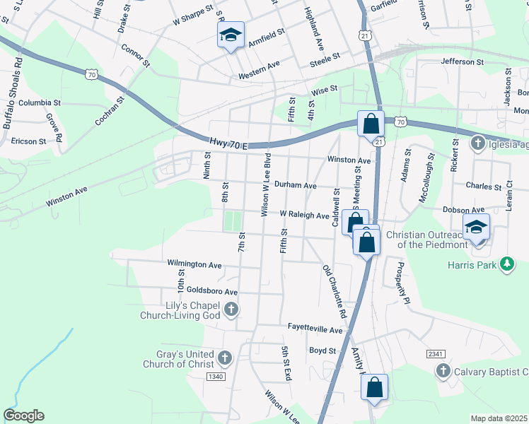 map of restaurants, bars, coffee shops, grocery stores, and more near Wilson W Lee Boulevard in Statesville