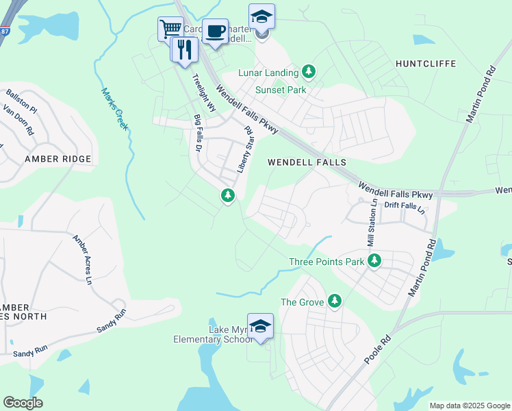 map of restaurants, bars, coffee shops, grocery stores, and more near 432 Vintage Point Lane in Wendell