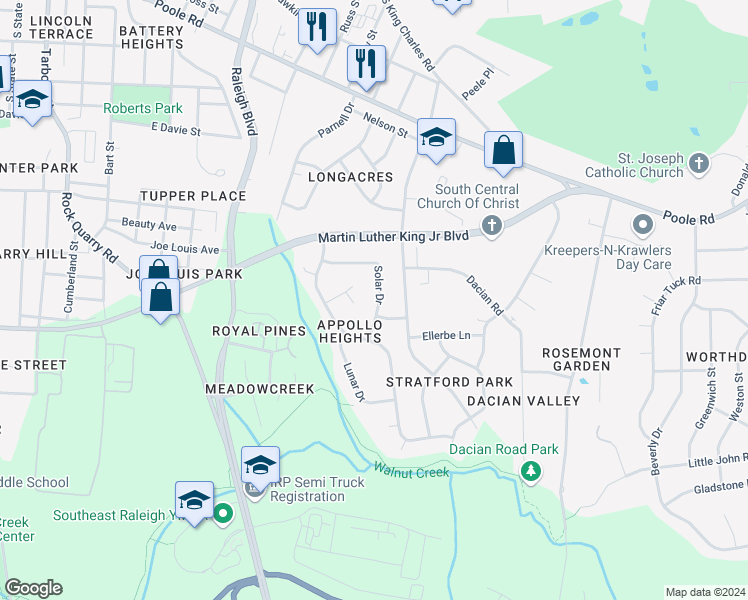 map of restaurants, bars, coffee shops, grocery stores, and more near 524 Solar Drive in Raleigh