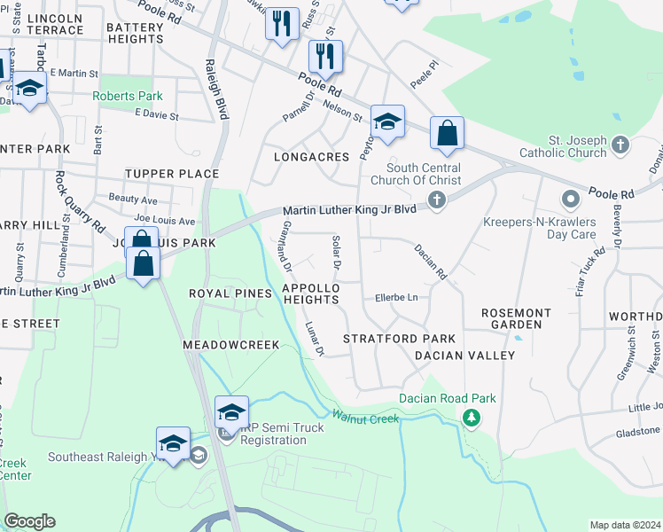 map of restaurants, bars, coffee shops, grocery stores, and more near 524 Solar Drive in Raleigh