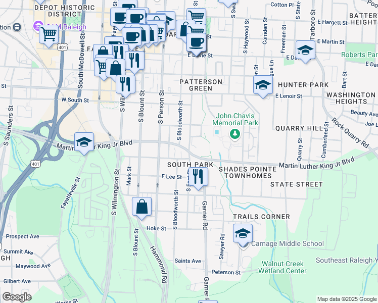 map of restaurants, bars, coffee shops, grocery stores, and more near Martin Luther King Jr Blvd & S East St in Raleigh
