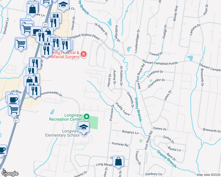 map of restaurants, bars, coffee shops, grocery stores, and more near 102 Shanache Drive in Spring Hill