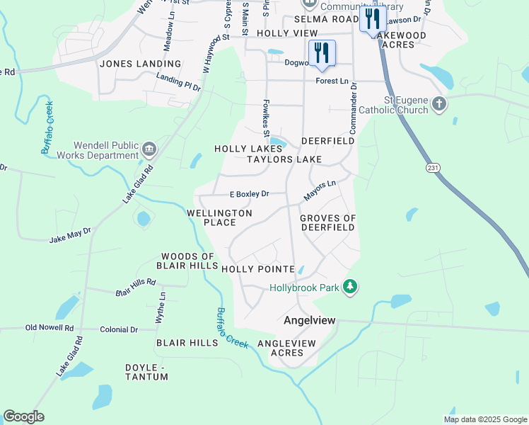 map of restaurants, bars, coffee shops, grocery stores, and more near 1020 Holly Pointe Drive in Wendell
