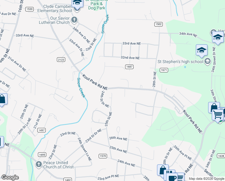 map of restaurants, bars, coffee shops, grocery stores, and more near 2928 25th Street Northeast in Hickory