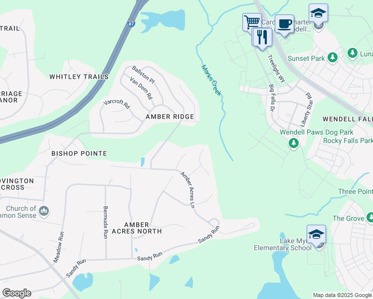 map of restaurants, bars, coffee shops, grocery stores, and more near 5733 Woof Place in Knightdale