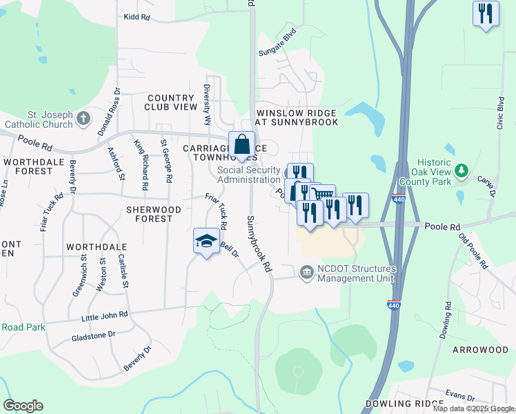 map of restaurants, bars, coffee shops, grocery stores, and more near 649 Sunnybrook Road in Raleigh