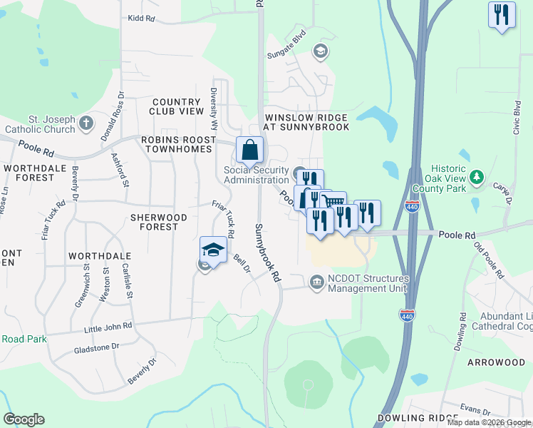 map of restaurants, bars, coffee shops, grocery stores, and more near 643 Sunnybrook Road in Raleigh